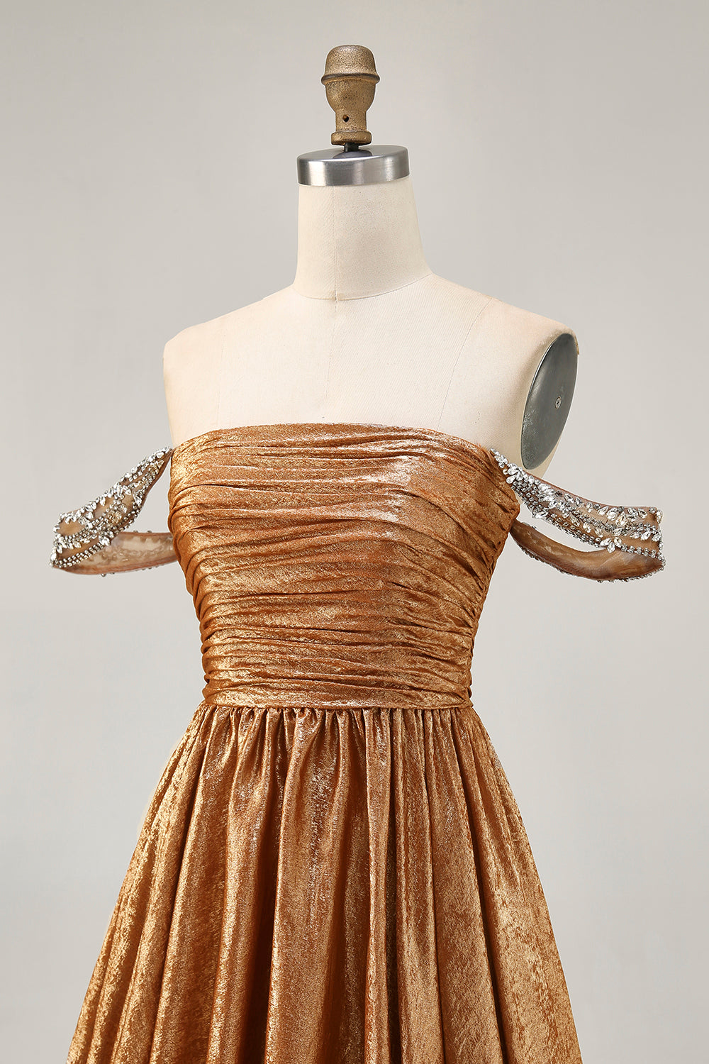 Metallic A-Line Off The Shoulder Beaded Ruched Golden Homecoming Dress