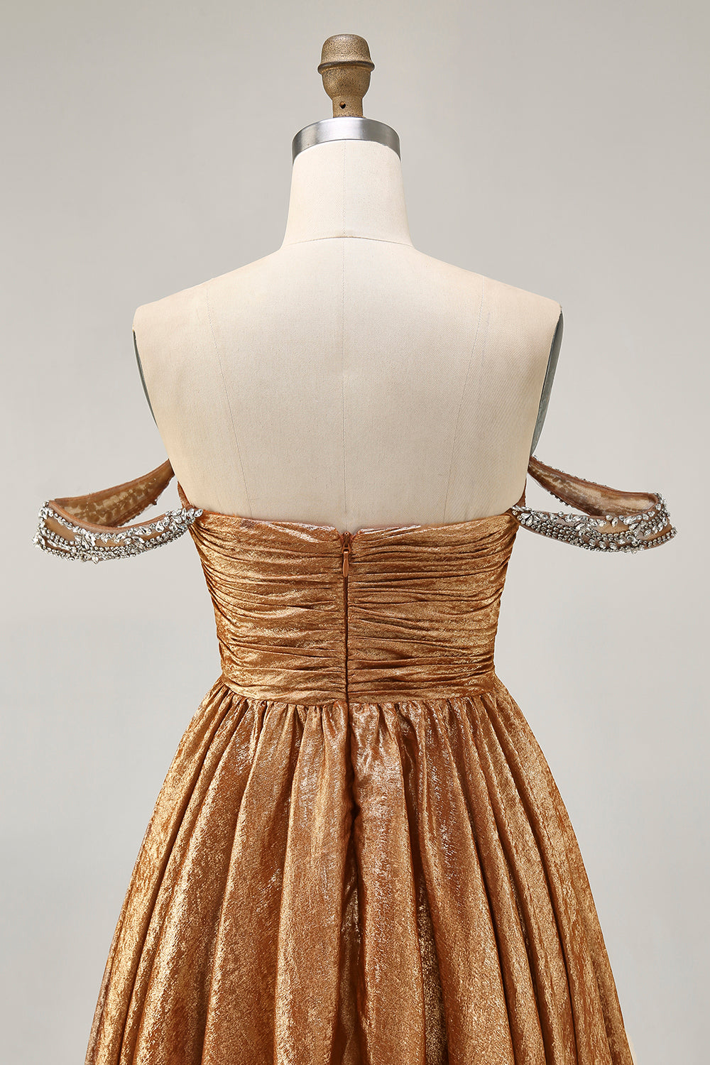 Metallic A-Line Off The Shoulder Beaded Ruched Golden Homecoming Dress