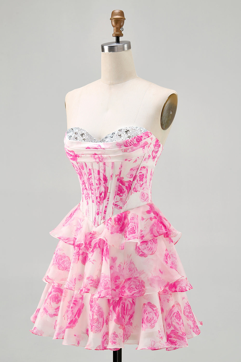 A-line White Blue Flower Strapless Corset Tiered Short Homecoming Dress with Sequins