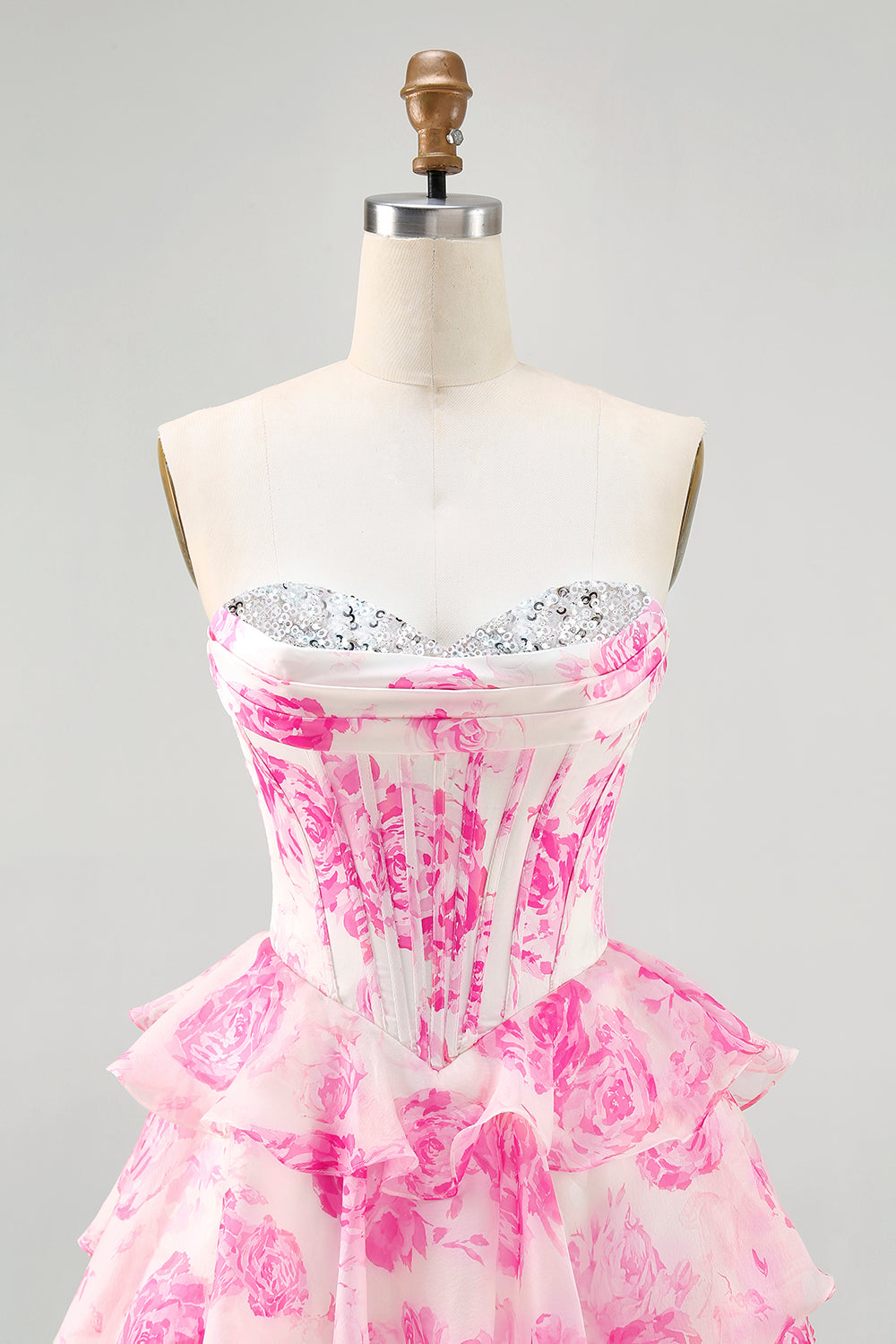 A-line White Blue Flower Strapless Corset Tiered Short Homecoming Dress with Sequins