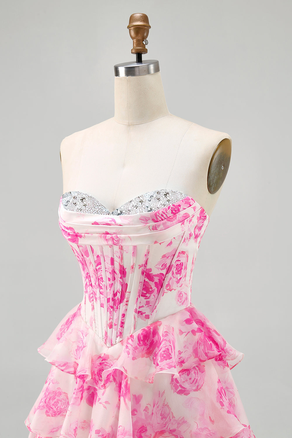 Pink Flower Strapless Corset Printed Homecoming Dress with Sequins