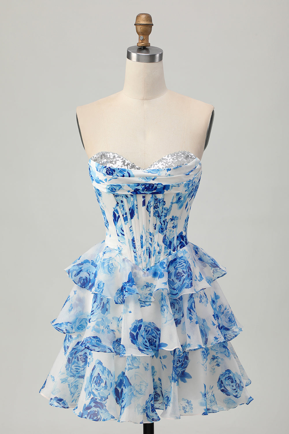 A-line White Blue Flower Strapless Corset Tiered Short Homecoming Dress with Sequins