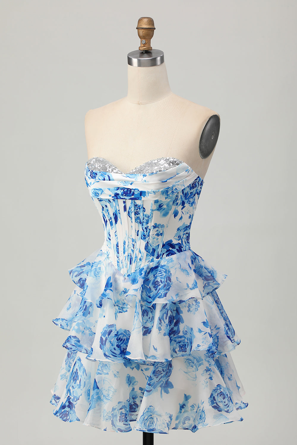 A-line White Blue Flower Strapless Corset Tiered Short Homecoming Dress with Sequins