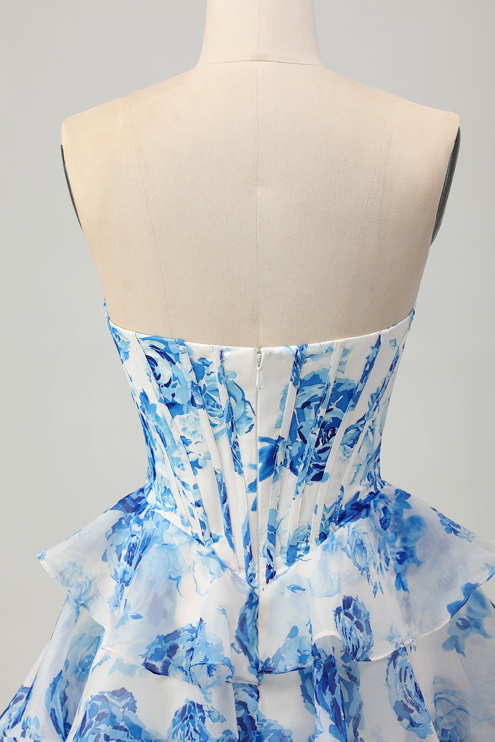 A-line White Blue Flower Strapless Corset Tiered Short Homecoming Dress with Sequins