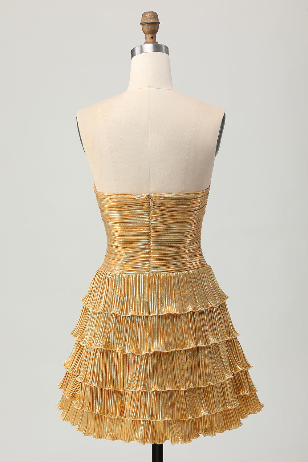 Metallic Golden Strapless Pleated Tiered Short Homecoming Dress