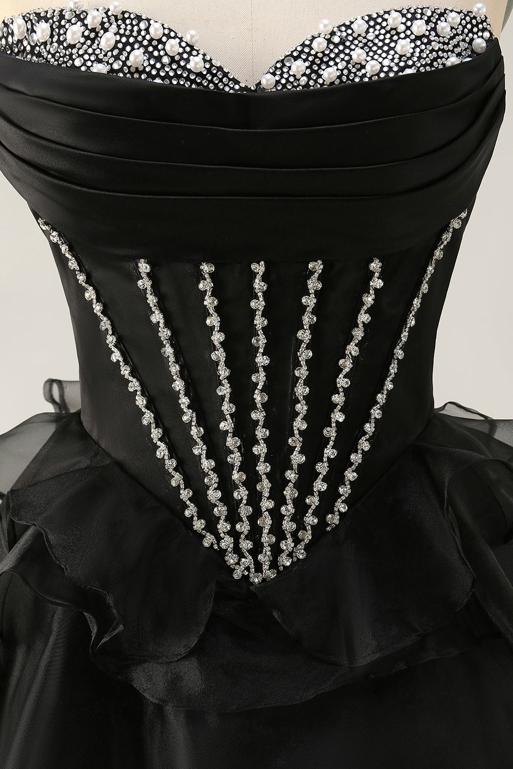 Black Strapless Corset Tiered A Line Short Homecoming Dress with Beading