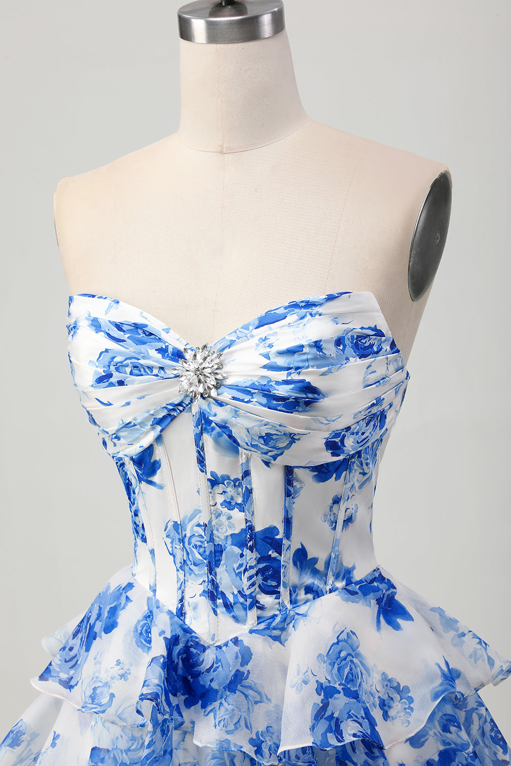 A-Line Strapless Corset Tiered Fuchsia Floral Short Homecoming Dress