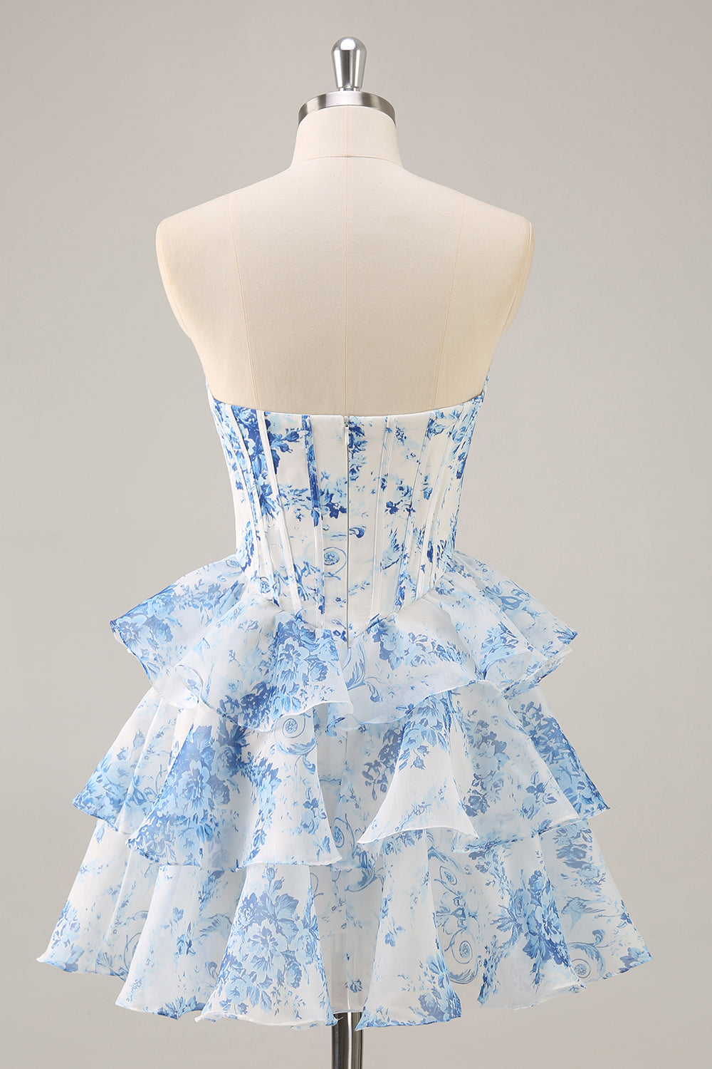 White Blue Flower A-Line Corset Tiered Strapless Short Homecoming Dress