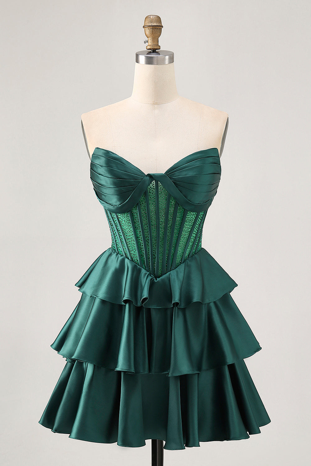 Green A-line Strapless Tiered Corset Beaded Homecoming Dress