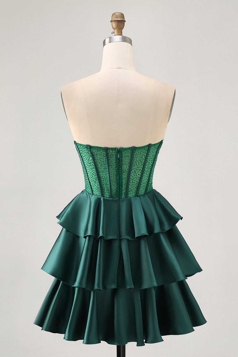 Green A-line Strapless Tiered Corset Beaded Homecoming Dress