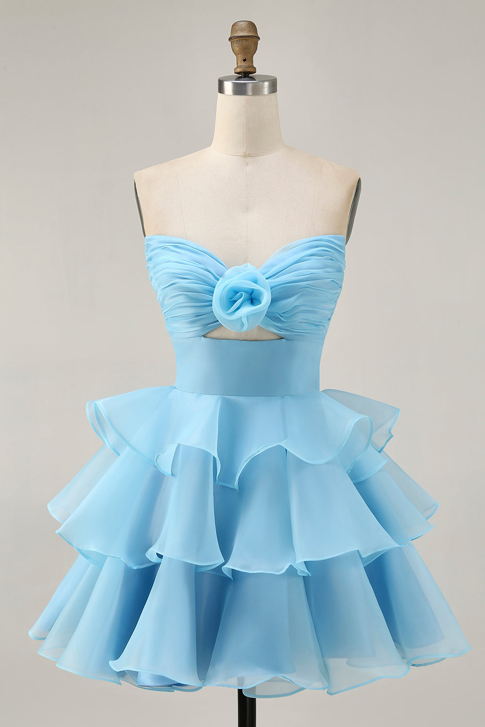 Cute A-Line Strapless Cut Out Blue Tiered Short Homecoming Dress