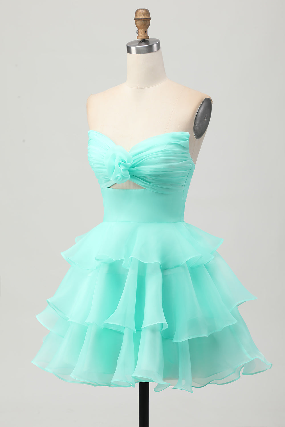 Cute A-Line Strapless Cut Out Blue Tiered Short Homecoming Dress