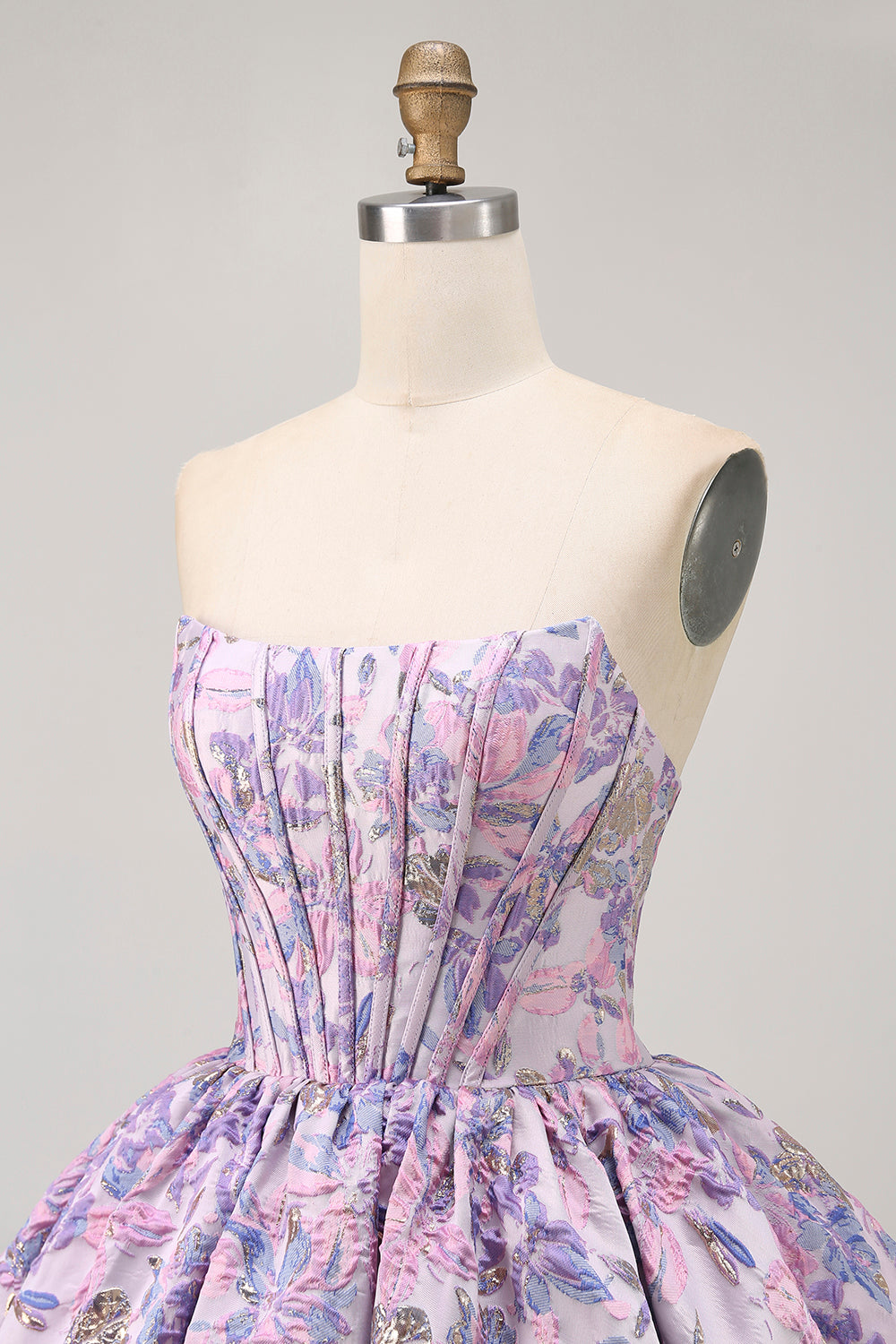 Strapless Floral Brocade A Line Purple Corset Short Homecoming Dress