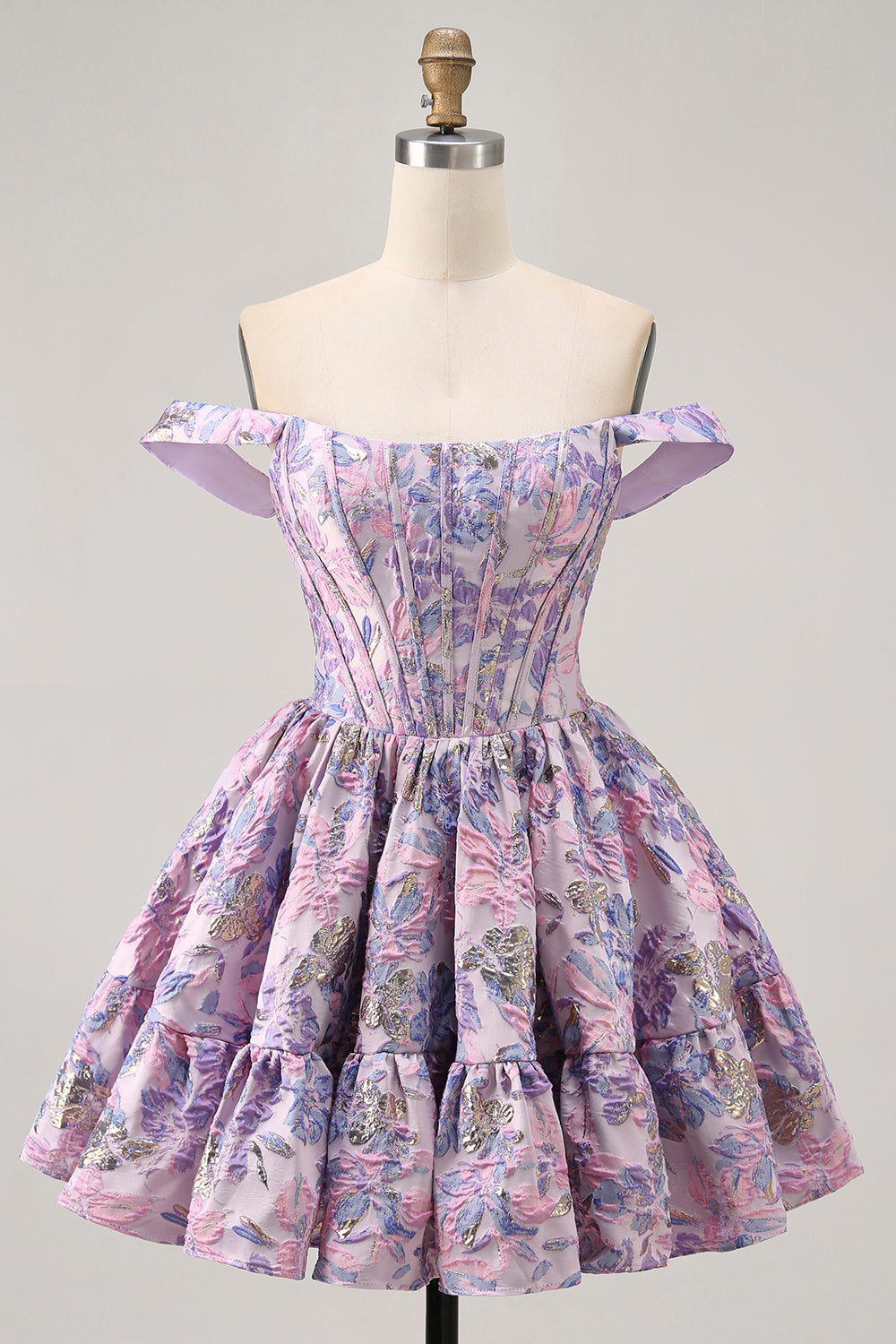 Off The Shoulder Brocade Floral A Line Printed Purple Homecoming Dress