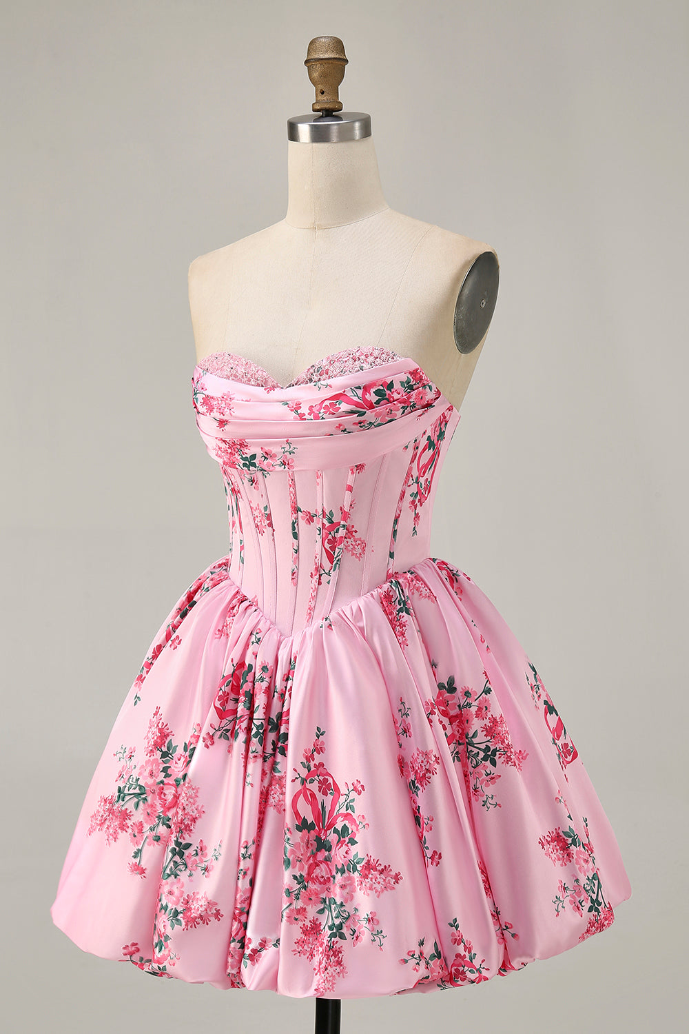 Pink Flower A-Line Strapless Printed Homecoming Dress with Beading