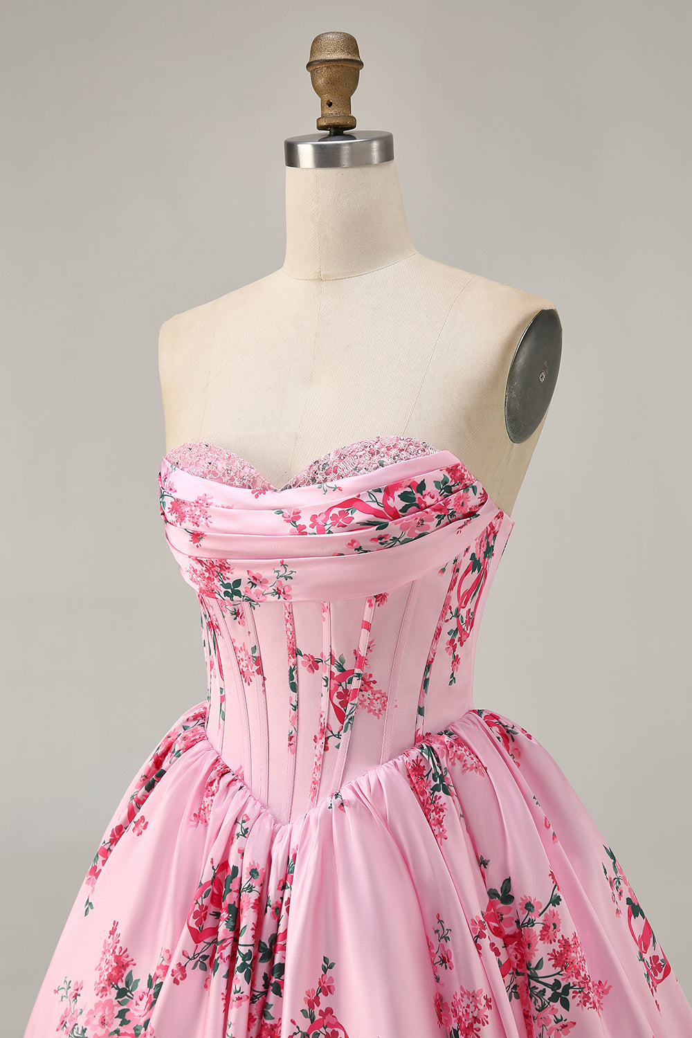 Pink Flower A-Line Strapless Printed Homecoming Dress with Beading