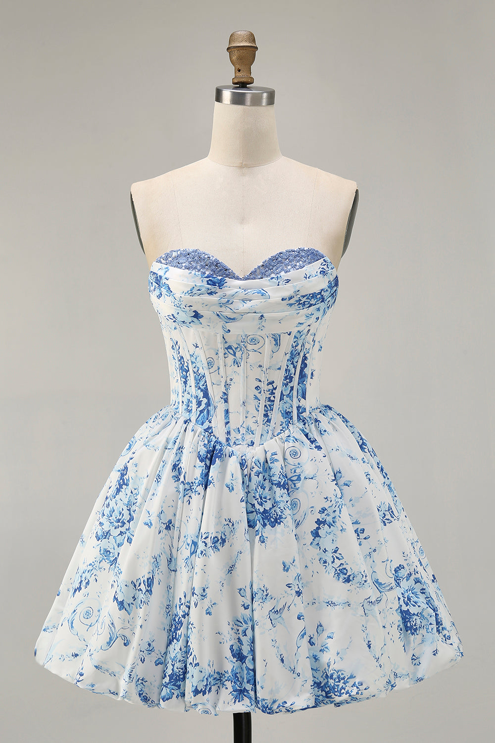Pink Flower A-Line Strapless Printed Homecoming Dress with Beading