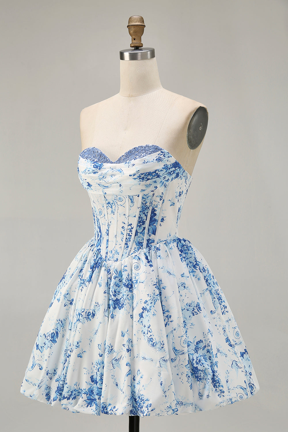 Strapless White Blue Flower A-Line Printed Homecoming Dress with Beading