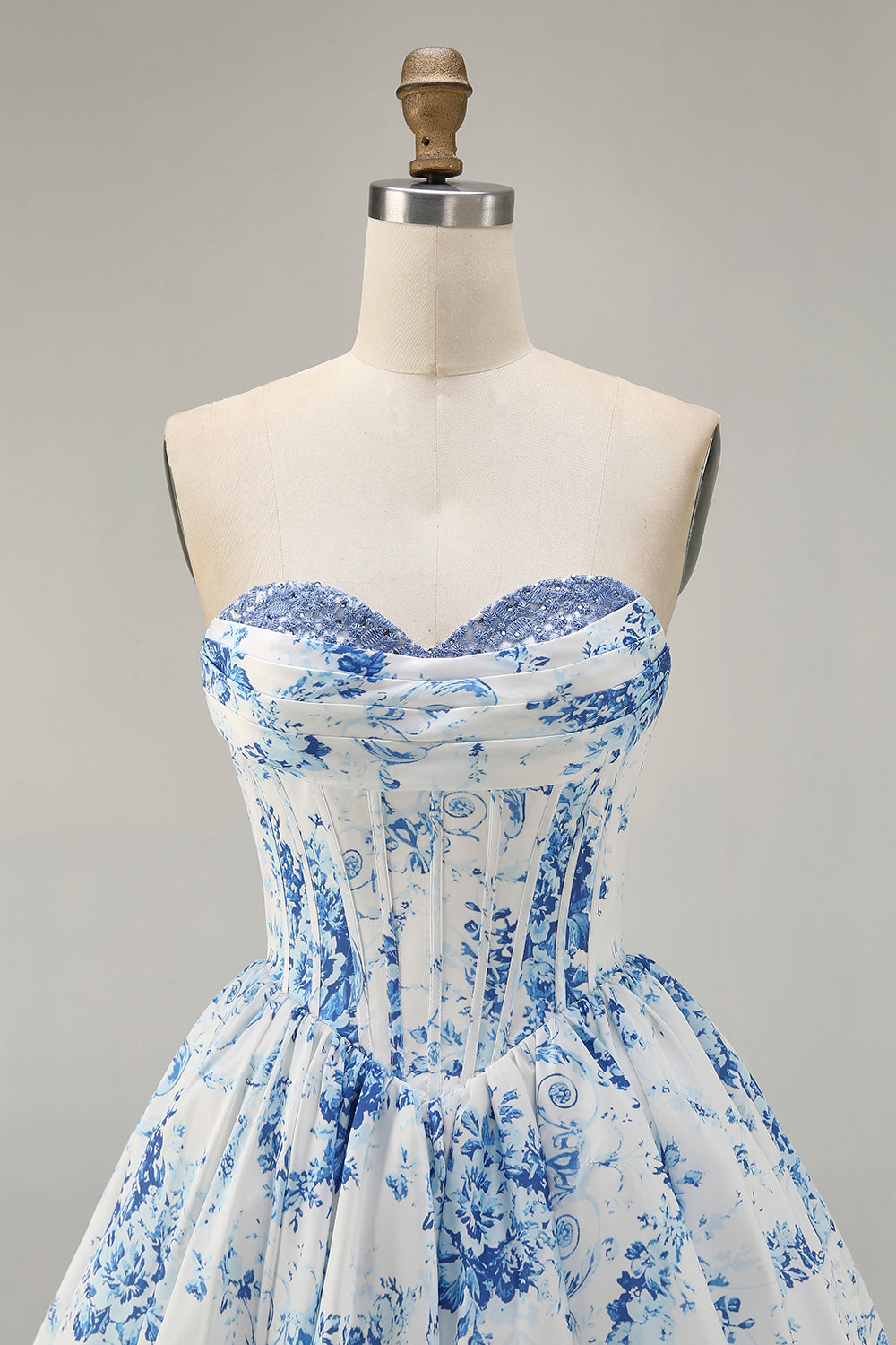 Pink Flower A-Line Strapless Printed Homecoming Dress with Beading