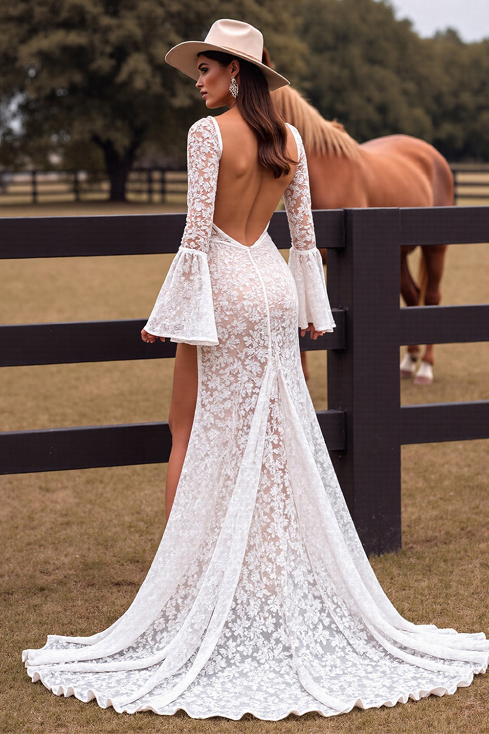 White Lace Mermaid Western Wedding Dress with High Slit