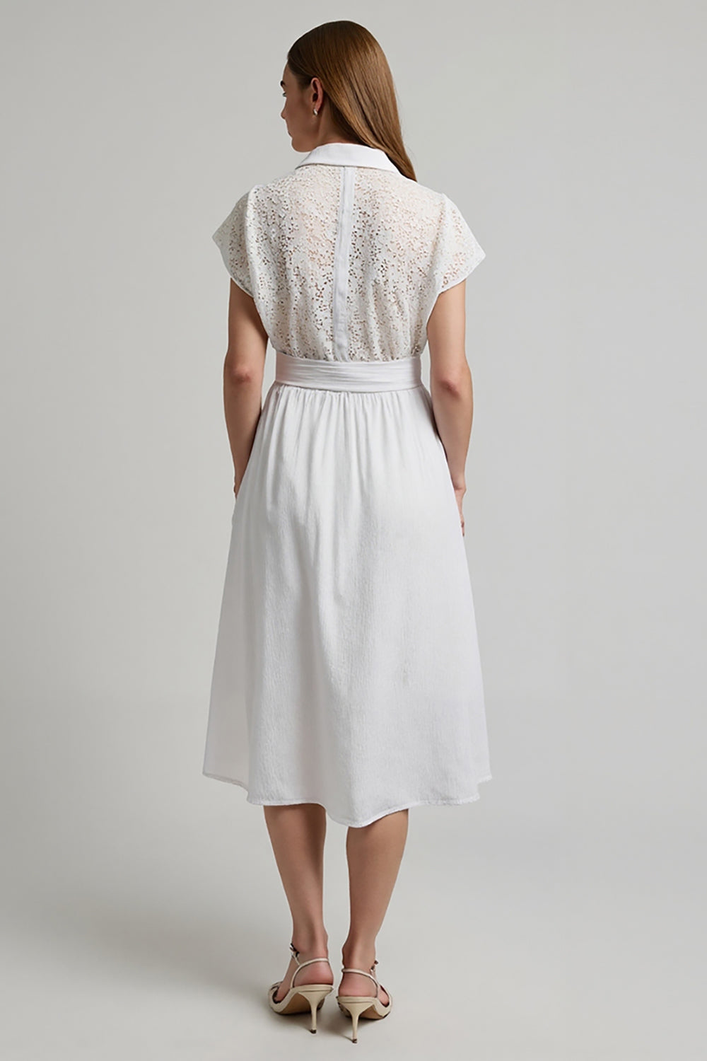 White A Line Collar Neck Midi Work Dress