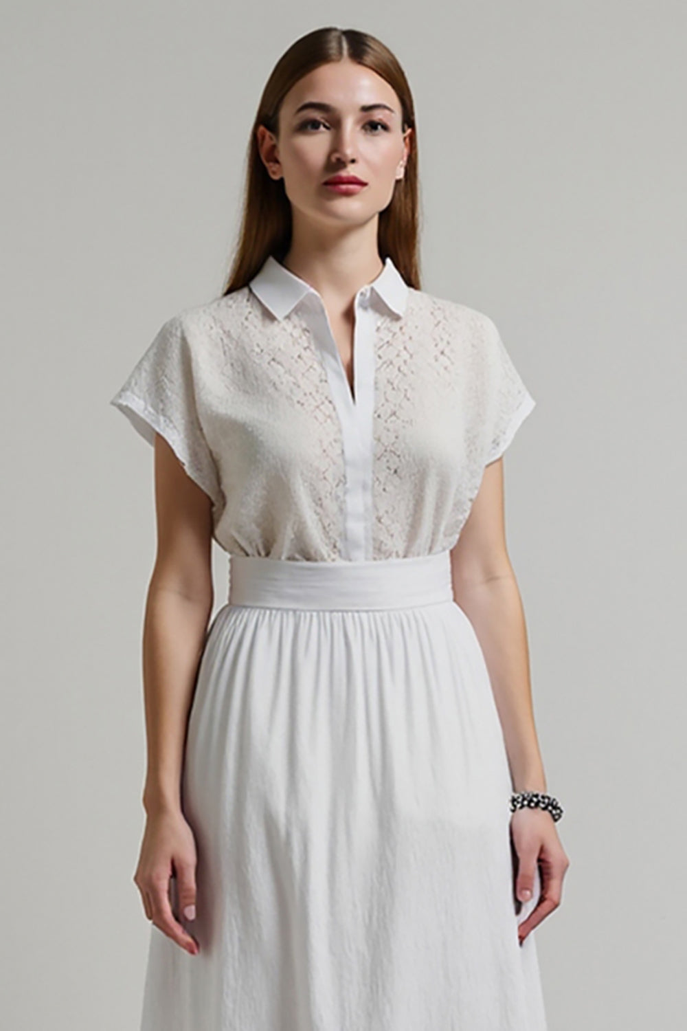 White A Line Collar Neck Midi Work Dress