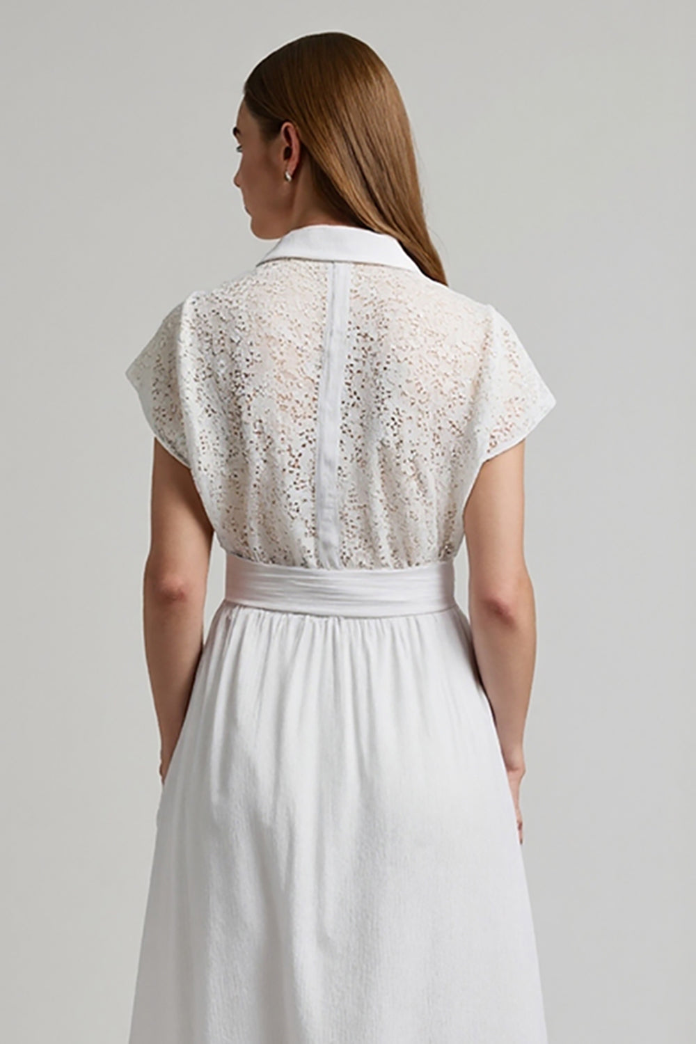 White A Line Collar Neck Midi Work Dress