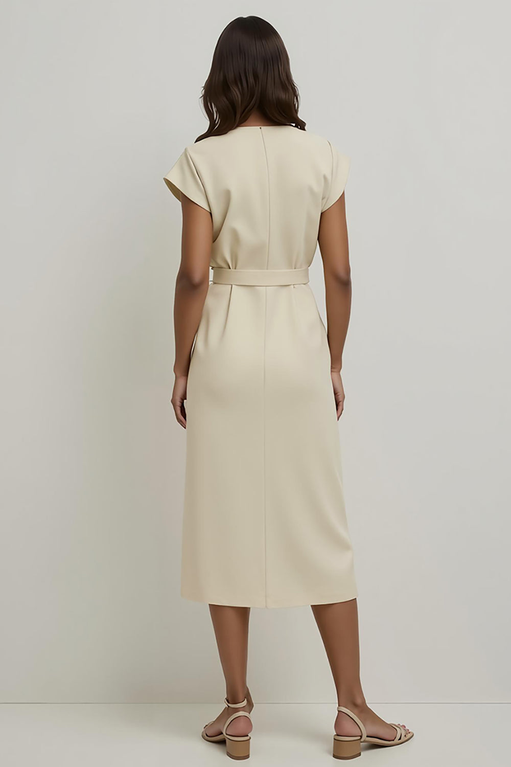 Apricot A Line Satin Tea Length Work Dress with Sleeves