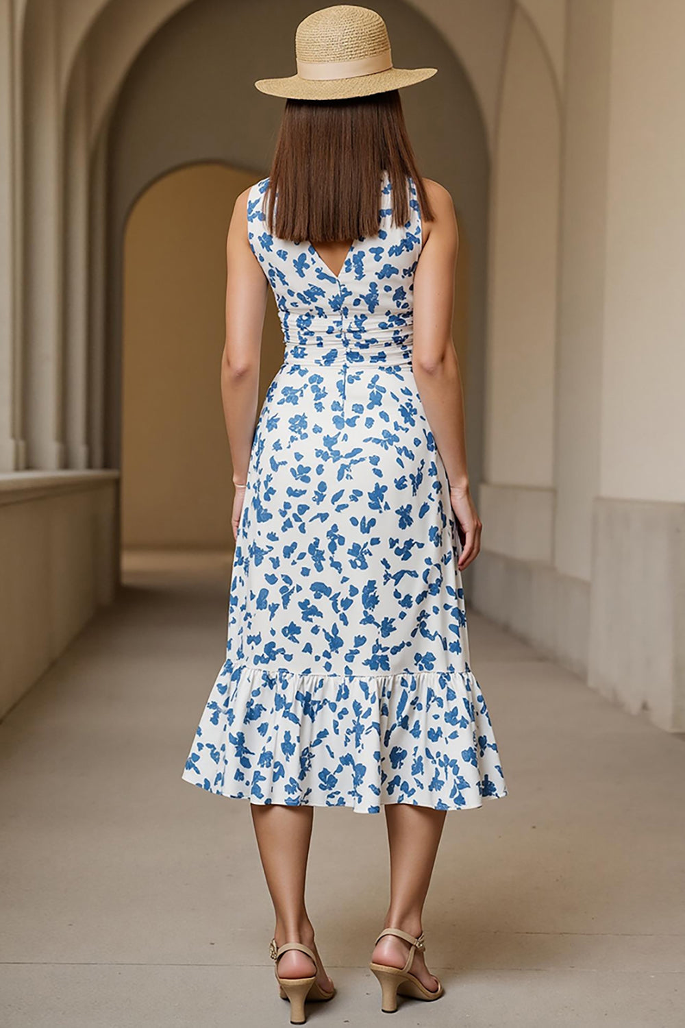White Blue Printed A Line Long Summer Dress with Ruffles