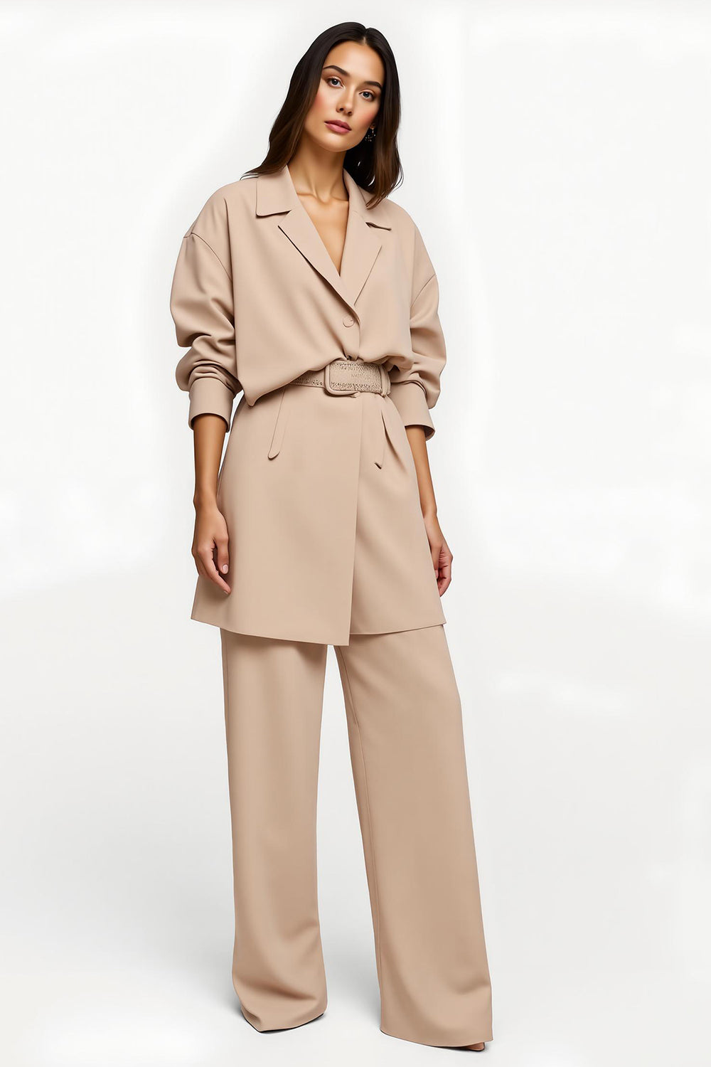 Apricot Satin 2 Piece Women Suits with Belt