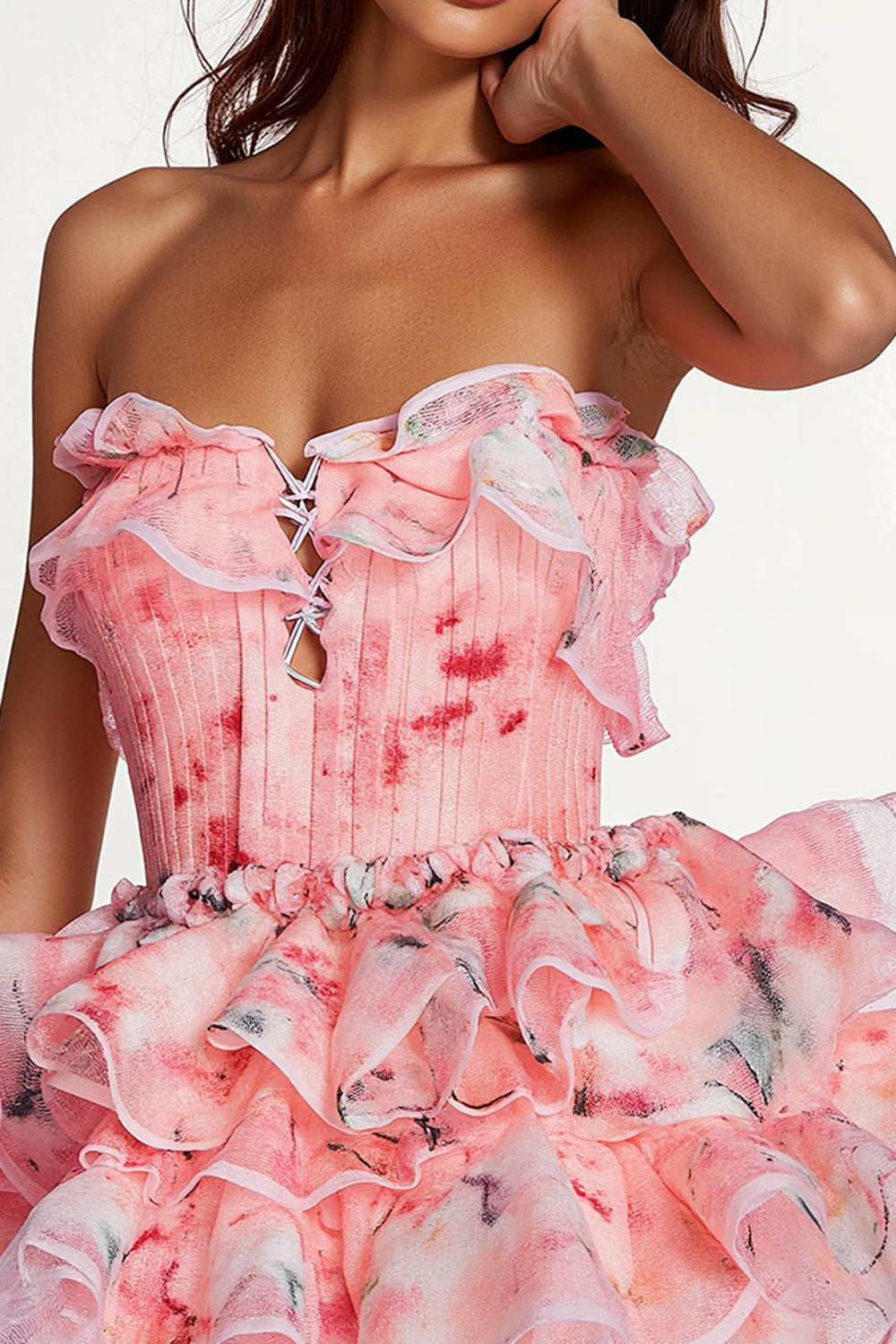 Pink Floral Corset Short Homecoming Dress with Ruffles