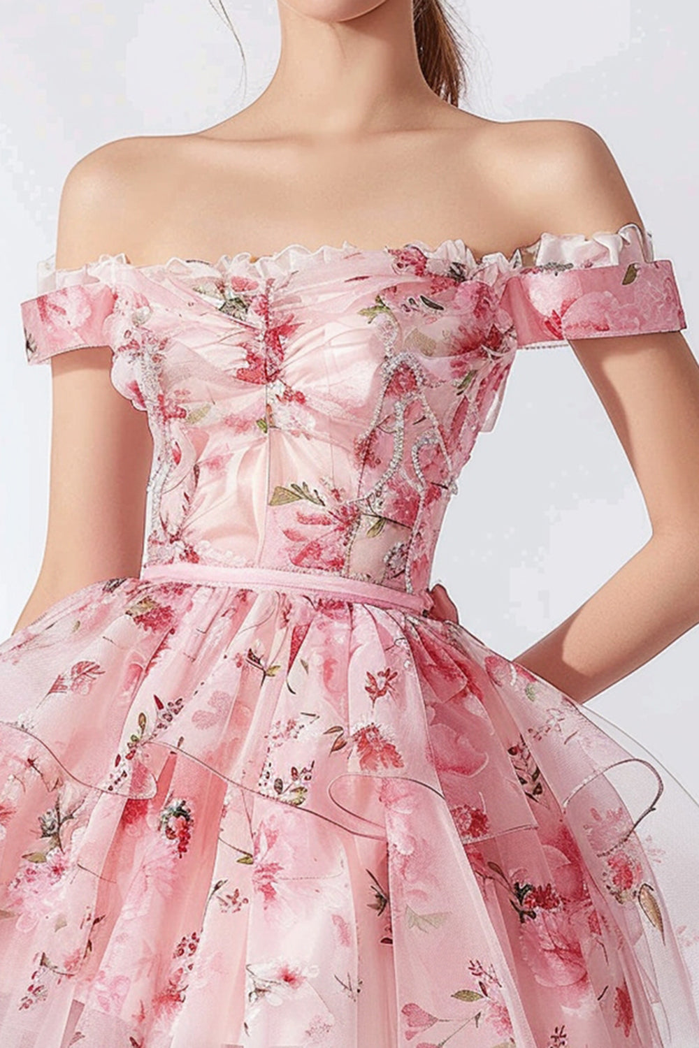 Pink Floral Tulle Off the Shoulder Short Homecoming Dress with Ruffles