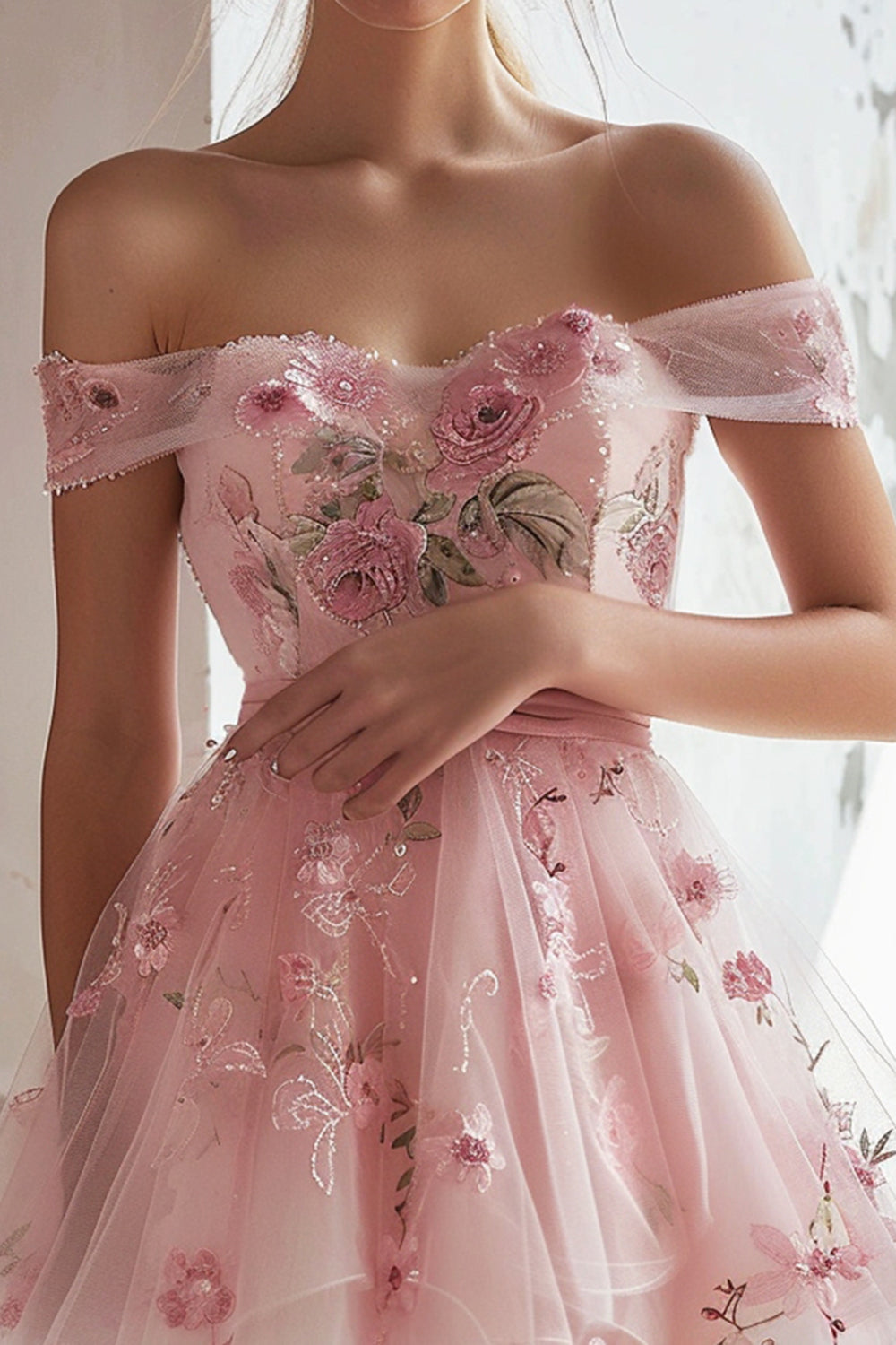 Pink Floral Embroidery Tulle Off the Shoulder Short Homecoming Dress
