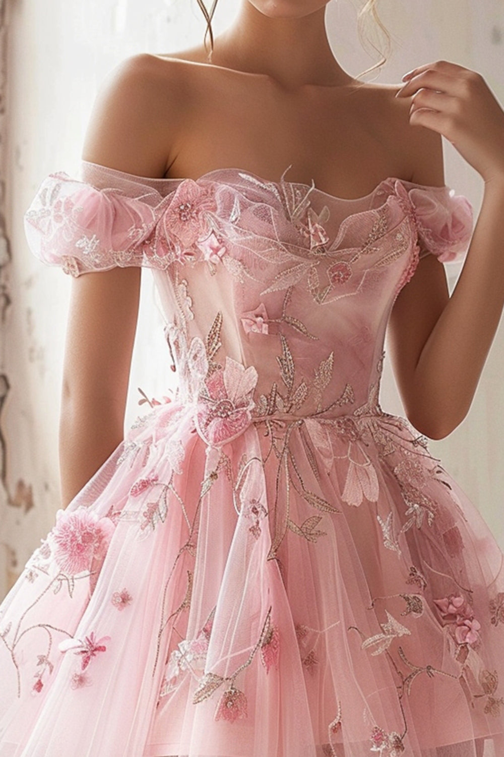 Pink Floral Off the Shoulder Short Homecoming Dress