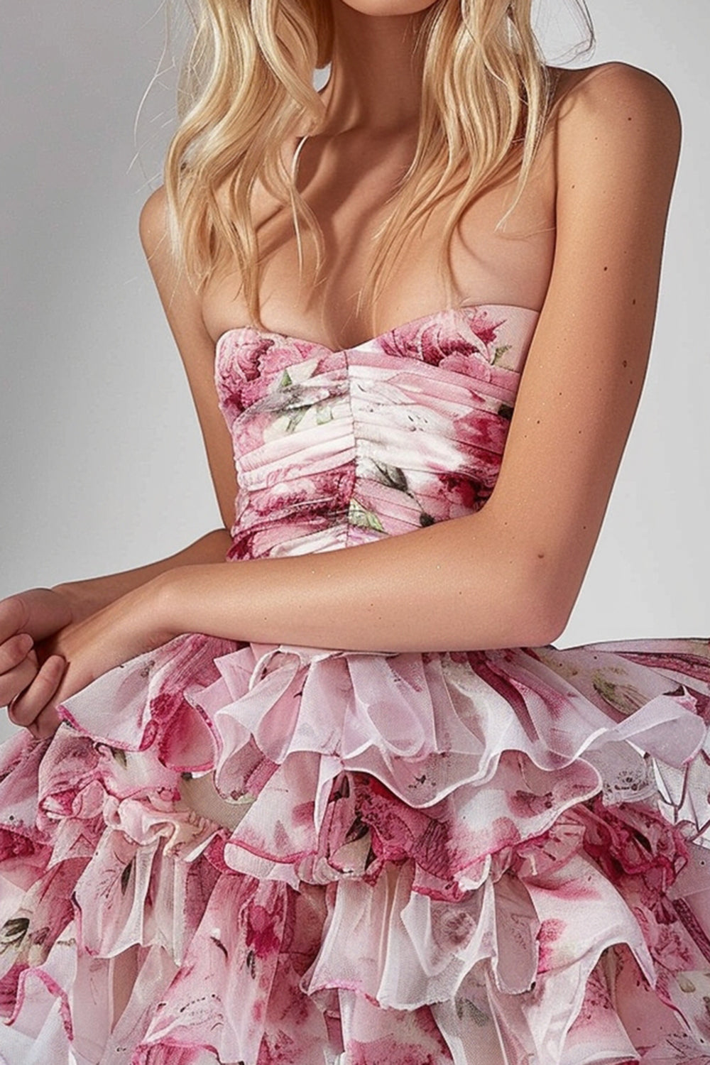 Pink Floral Tulle Ruffled Sweetheart Short Homecoming Dress