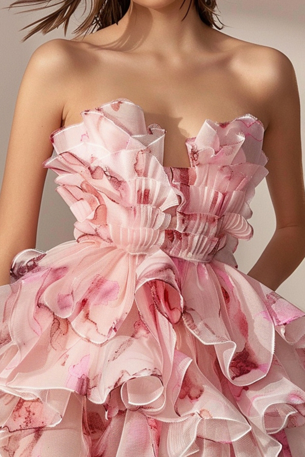Pink Floral Ruffled Strapless A Line Homecoming Dress
