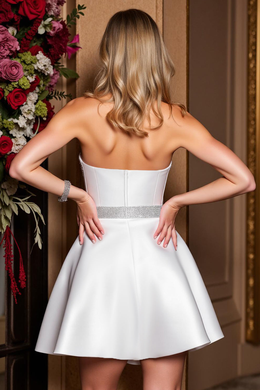 White Short Satin A Line Strapless Homecoming Dress with Rhinestone