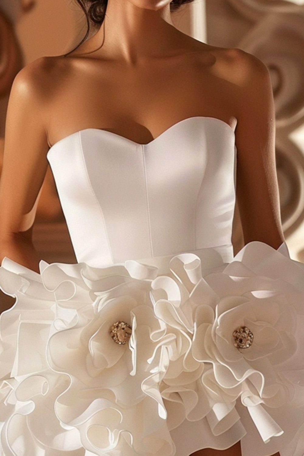 White Sweetheart Floral Satin Short Homecoming Dress with Ruffles