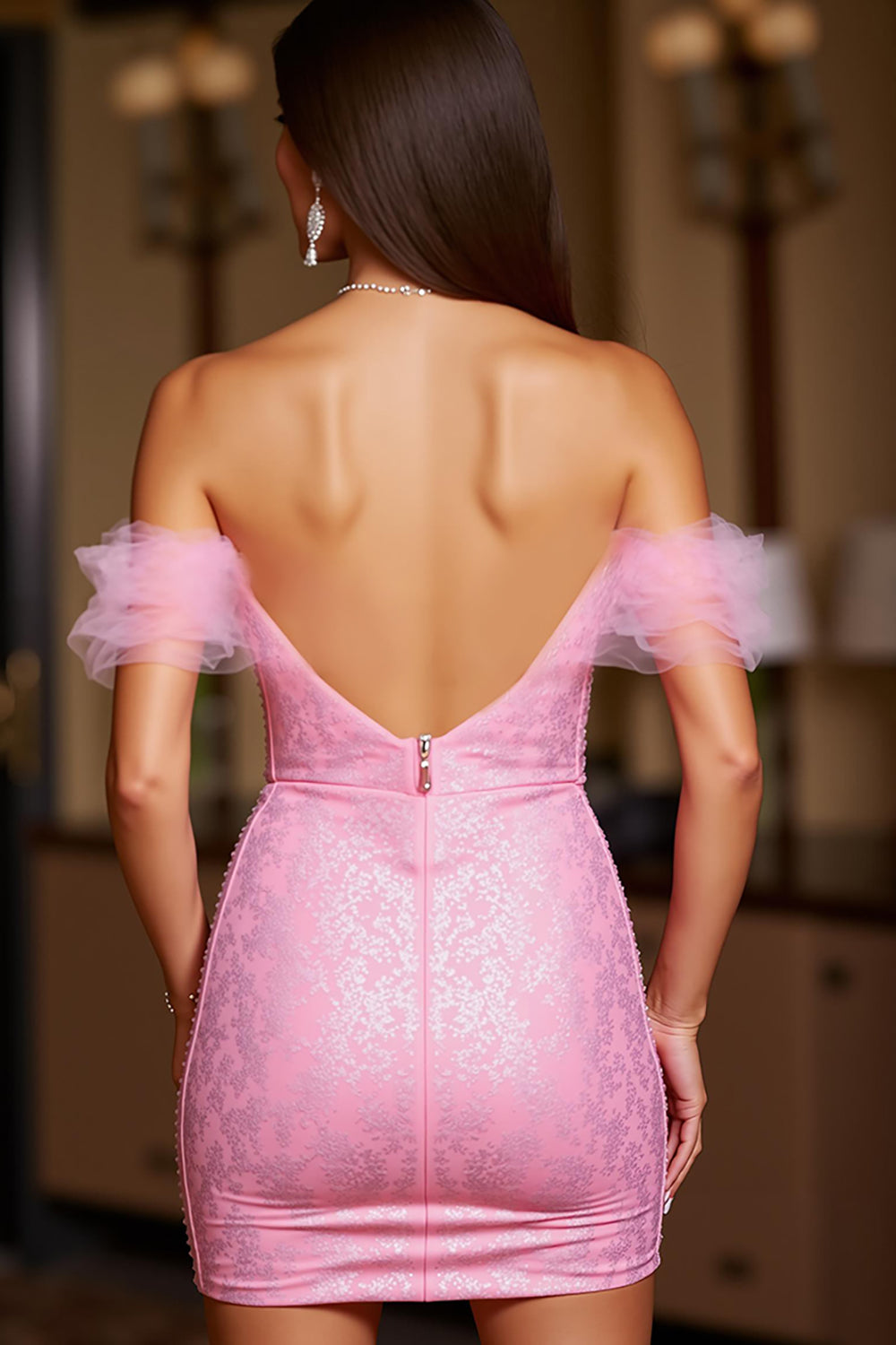 Pink Lace Tight Off the Shoulder Short Homecoming Dress
