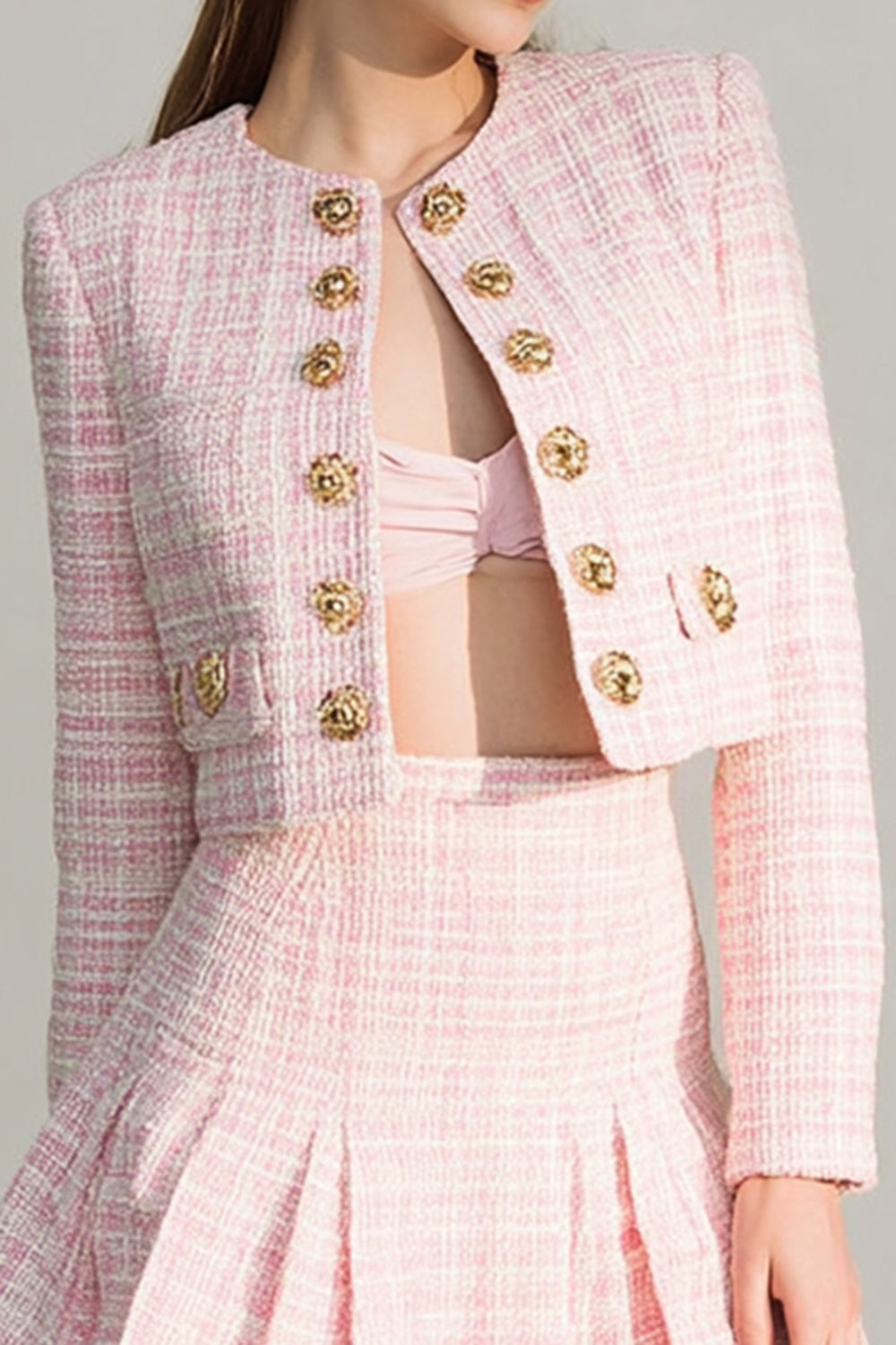 Tweed A Line Round Neck Short Pink Homecoming Outfits