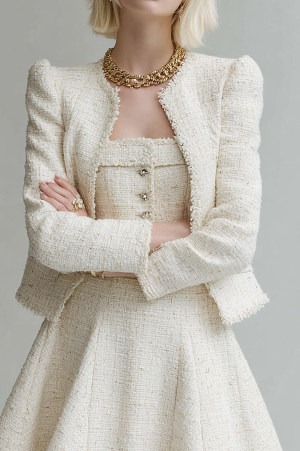 White Short Tweed A Line Round Neck Pageant Interview Outfits