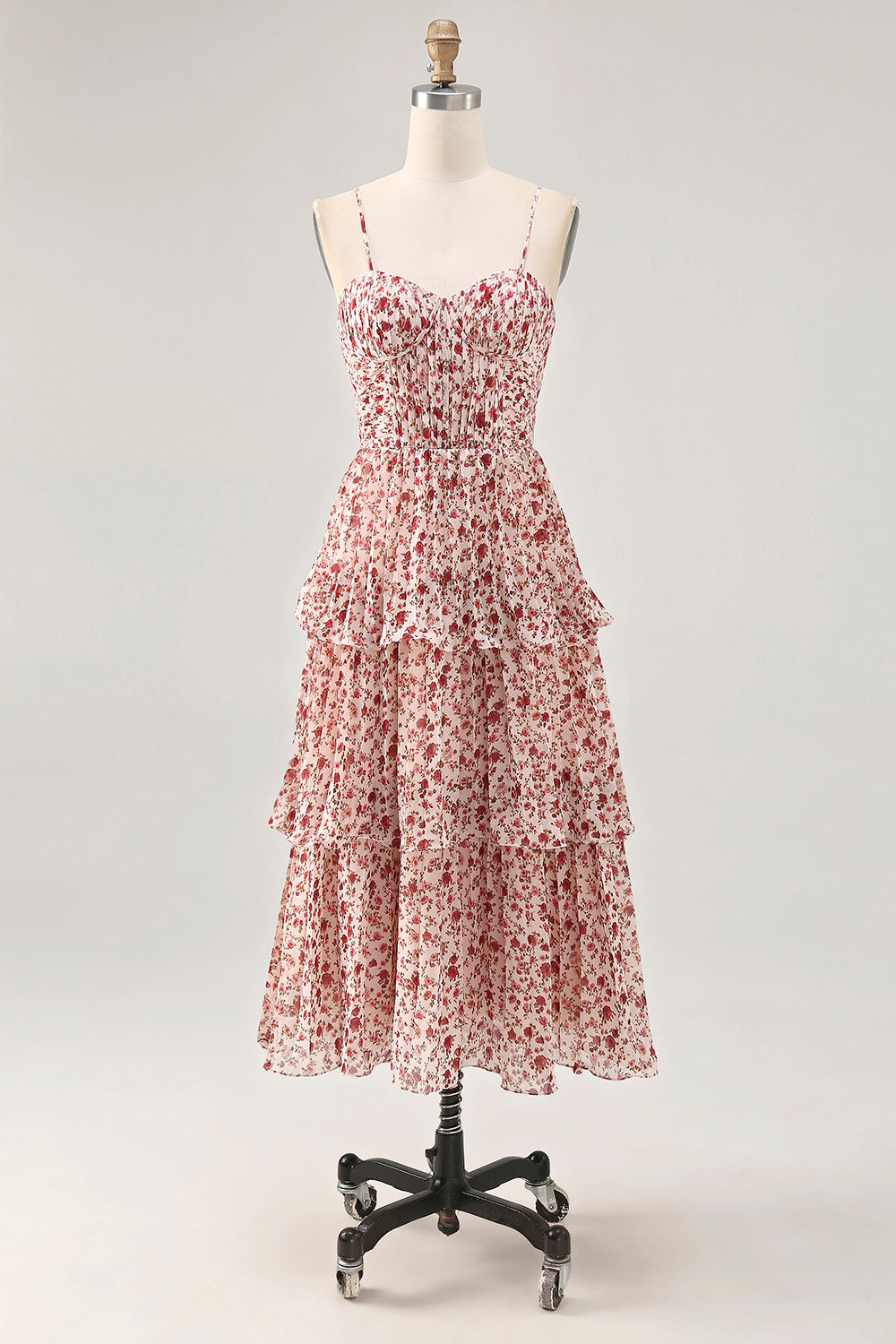 Blush Flower A Line Spaghetti Straps Printed Tiered Wedding Guest Dress