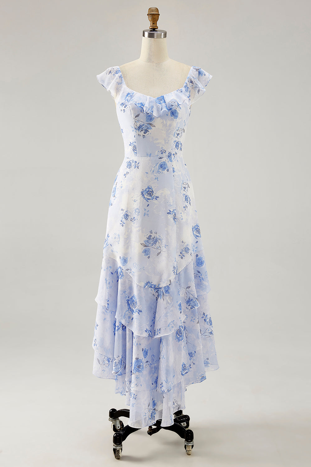 Blue Floral Printed A Line Ruffled Wedding Guest Dress