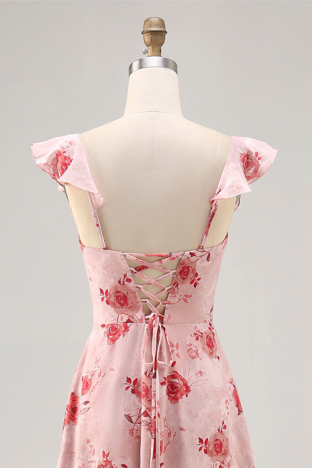 Blue Floral Printed A Line Ruffled Wedding Guest Dress