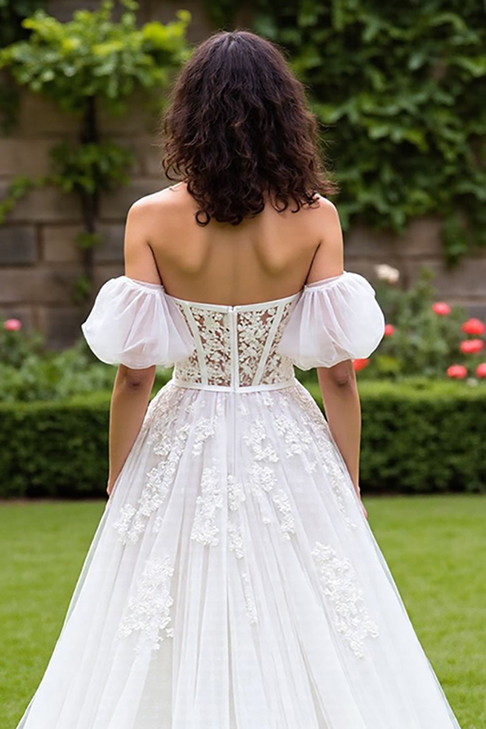 Off The Shoulder Ivory A Line Corset Wedding Dress