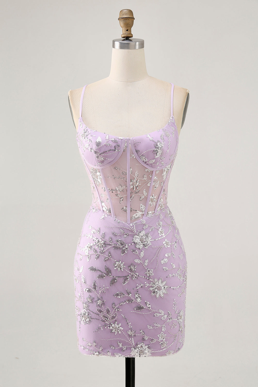 Sparkly Sequins Lilac Sheer Corset Backless Tight Short Homecoming Dress