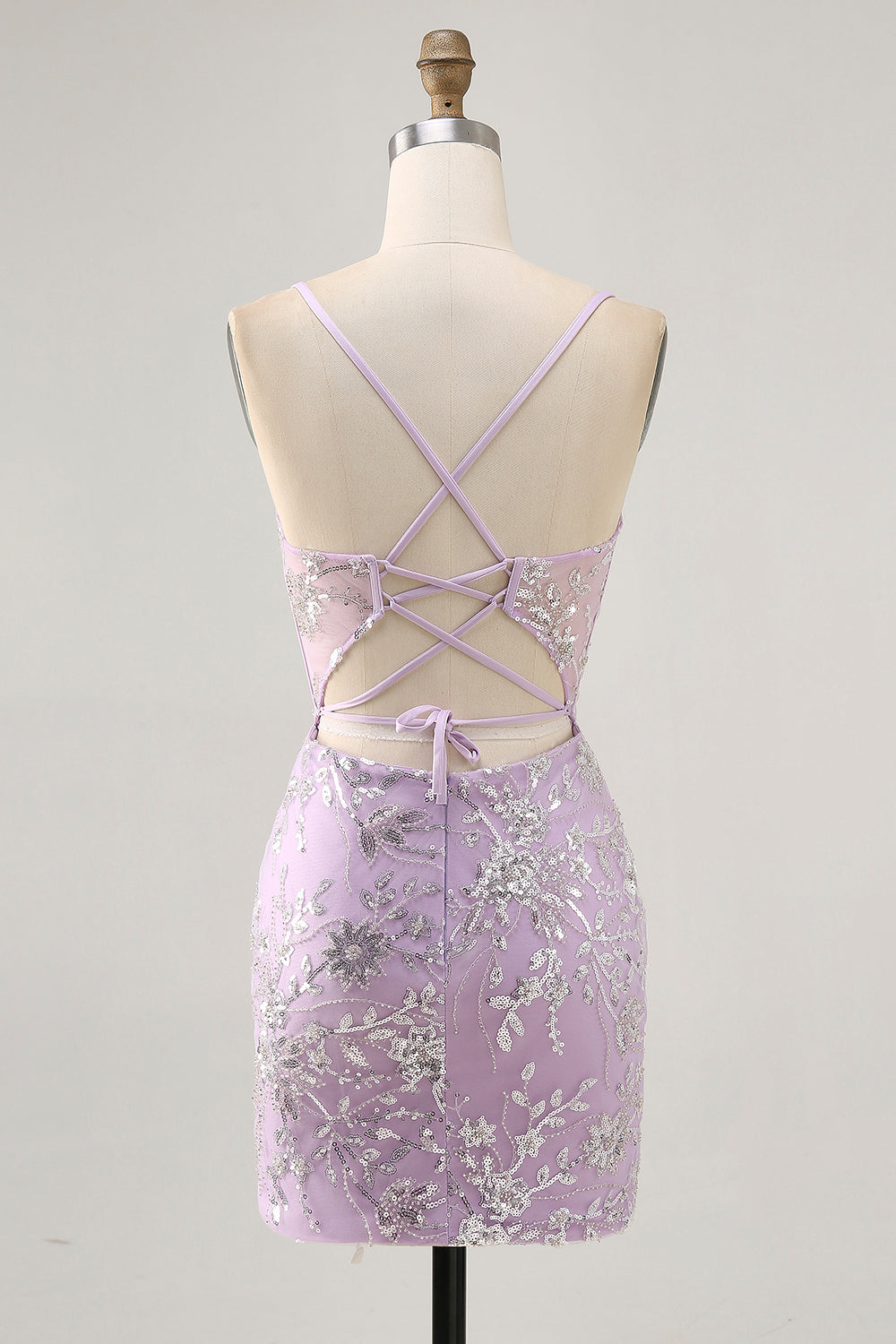 Sparkly Sequins Lilac Sheer Corset Backless Tight Short Homecoming Dress