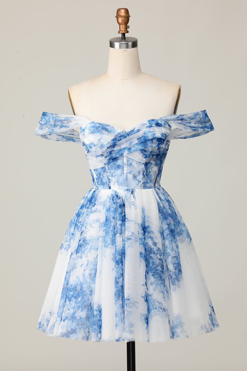 Off the Shoulder White Blue Flower A Line Short Homecoming Dress