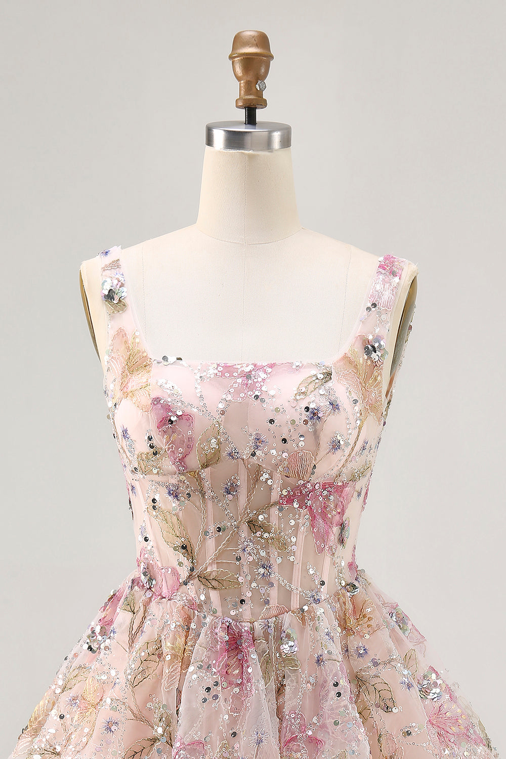 Sparkly Floral A-line Square Neck Sequins Short Homecoming Dress with Lace Up Back