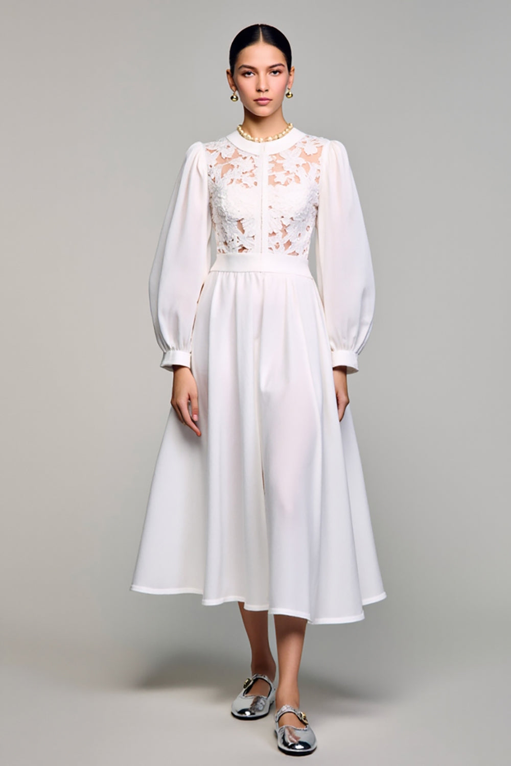 White A Line Long Sleeves Wedding Guest Dress with Lace